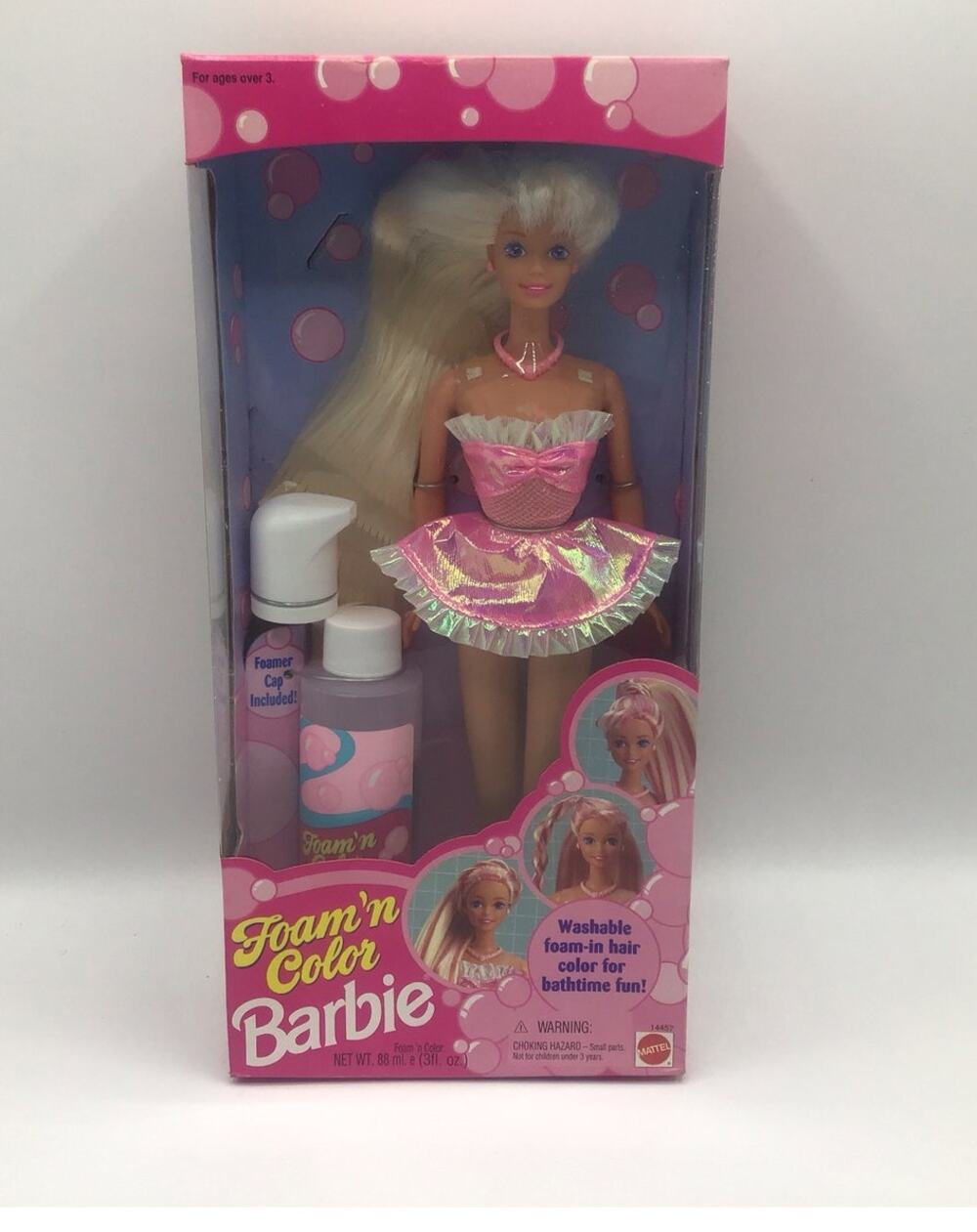 Vintage 1995 Foam n Color Barbie Doll Mattel NIB Pink Dress Washable Hair Toy